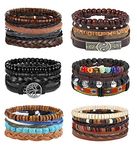 Milacolato 28Pcs Braided Leather Bracelet for Men Women Wooden Bracelet Tree of Life Bracelet Beaded Cuff Wrap Bracelet Adjustable