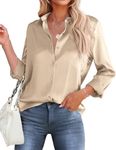 HOTOUCH Collar Shirts for Women Satin Button Up Long Sleeve V Neck Blouse Silky Work Office Formal Tops Khaki XL