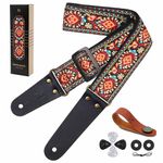 Nefelibata Guitar Strap, Cotton Vintage Embroidered Guitar Straps with Genuine Leather Ends for Bass, Electric, Acoustic Guitars, Free Strap Button, Strap Locks and Guitar Picks