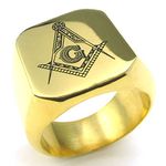 TEMEGO Jewelry Mens Polished Finish Stainless Steel Ring, Classic Freemason Masonic Band, Golded