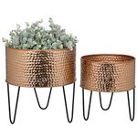 MyGift Modern Hammered Copper Tone Planter Pot, 8 and 10 Inch Metal Round Plant Container with Matte Black Wire Stand, Set of 2 - Handcrafted in India