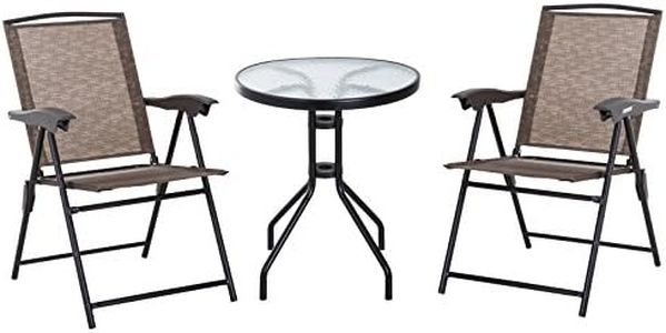 Outsunny Conjunto Mesa y 2 Sillas Muebles para Jardín Exterior Patio Terraza Silla Plegable Respaldo Reclinable a 4 Niveles Texteline Marco Acero Marrón