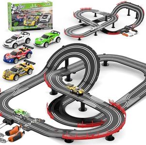 2 in 1 Slot Car Race Track Sets with 4 Slot Cars, 1:43 Electric Car Track for Boys, Dual Racing Game Lap Counter Circular Slope Track Sets, Birthday Gifts Toys for Boys Kids Ages 6 7 8 9 10 11 12
