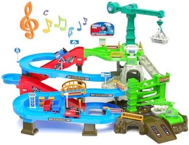 RISUNTOY 64PCS Train Engineering Adventure Track Toy for Kids 3+,Electric Climbing Ladder, Rotating Crane, Multi-Level Obstacles, Realistic Mining World with Parking&Gas Station,Ideal Gift
