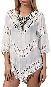 Vanbuy Boho Crochet V-Neck Summer Tops Vacation Outfits for Women Beach Fashion Bathing Suit Cover Up T Shirts White
