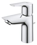 GROHE Start Edge – Basin Mixer Tap with Pop-Up Waste Set (Metal Lever, 28 mm Ceramic Cartridge, Water Saving Mousseur 5.7 l/min, Tails 3/8 Inch), Size 147 mm, QuickTool Included, Chrome, 24196001