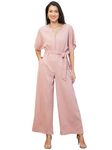 Globus Women Pink Solid V-Neck Drop Shoulder Waist Tie-Up Jumpsuit-3640644003