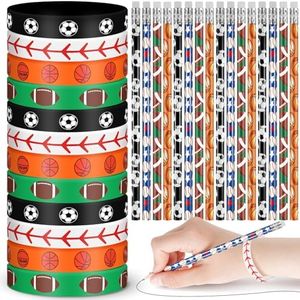 Sabary 48 Pcs Sports Pencils Silicone Bracelets Set Soccer Football Basketball Baseball Wooden Pencil Rubber Wristbands for Students School Classroom Birthday Gifts Sports Party Favors (Multi Balls)