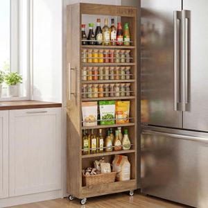 Tribesigns 73" Tall Slim Storage Cart on Rubber Wheels, 7-Tier Narrow Pantry Cabinet, Rolling Skinny Spice Rack Organizer Next to Fridge, Wooden Pull-Out Storage Shelf for Kitchen Small Spaces, Brown