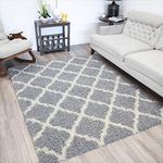 Sweet Home Stores Cozy Shag Collection Moroccan Trellis Design Shag Rug Contemporary Living & Bedroom Soft Shaggy Area Rug, Grey & Cream, 60" L x 84" W