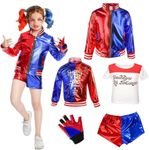 aotuo Cosplay Costumes for Kids, 4 Pcs Harley Quinn Girls Fancy Dress Halloween Villain Costume Include Jacket, T-shirt, Shorts and Glove for Halloween Cosplay Costume (M fit for 5-6 Years)