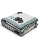 Pluchi Indian Elephant Cotton Knitted Blanket with Faux Fur Back for Babies in Ivory and Indus Blue Color (80 cm x 100 cm)