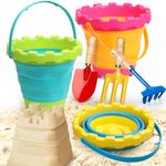 Dilabnba 3PCS Foldable Castle Bucket Pails and 3PCS Shovels Made of Metal with Sturdy Wooden Handle, Kids Toddlers Multi Purpose Beach Toy Garden Set for Digging Collecting Shells Summer Travel