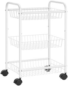 SONGMICS 3-Tier Metal Rolling Cart, Storage Cart with Removable Baskets, Utility Cart with Wheels and Handle, for Kitchen, Bathroom, Laundry Room, White UBSC003W01