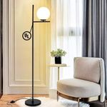 DLLT Modern LED Floor Lamp, Tall Pole Floor Lamp with Globe Frosted Glass Lamp Shade, Black Standing Accent Floor Light with Foot Switch for Living Room, Office, Bedroom, Included a 9W E26 Bulb