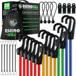 Rhino USA Bungee Cords with Hooks 28pc Heavy Duty Assortment with 4 Free Tarp Clips, Drawstring Organizer Bag, Canopy Ties & Ball Bungees (28 Pieces)