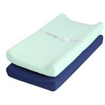 TILLYOU Jersey Knit Ultra Soft Changing Pad Cover Set, Unisex Diaper Change Table Sheets for Baby Boys Girls, Fit 32"/34'x16" Contoured Pad, Comfy Cozy 2-Pack Cradle Sheets, Navy Blue & Lt Green