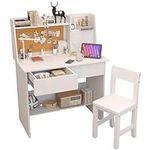 White Kids Desk and Chair Set for 5-12 Year Old, Childrens Computer Desk with Drawers and Storage Shelf, Kids Study Table with Charging Station