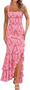 BORIFLORS Women's Elegant Ruched Floral Maxi Dress Mesh Mermaid Ruffle Wedding Guest Cocktail Long Formal Dresses, X-Large, Pink