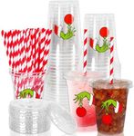 Whaline 50Pcs Christmas Disposable Plastic Cups with Lids and Straws 12oz Party Cups Green Funny Cartoon Hand Cold Beverage Drinking Cups for Xmas Party Supplies