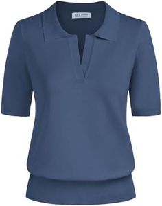 Kate Kasin Women Short Sleeve Polo Sweater Tops Lightweight Dressy Casual Tops Blouses Shirts Grey Blue S
