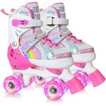 Girls Rainbow Unicorn Roller Skates for Little Kids Toddler Ages 3-5 3 4 5, 4 Size Adjustable Quad Skates with All Light Up Wheels - Best Birthday Gift for Outdoor Sports - Teal