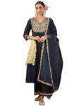 INDO ERA Women's Navy Blue Viscose Embroidered A-Line Kurta & Pant With Dupatta Set (KH1NB9619_Large)