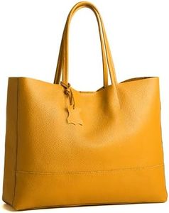 ADORATTI Italian Leather Tote Bag for Women - Large Shoulder Shopper, Fits 16” Laptop, Key Leash, Made in Italy - Yellow