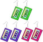 Hicarer 3 Pairs 80s 90s Neon Earrings for Women Retro Pendant Acrylic Drop Dangle for 80's Outfit Glow Party Accessories, Tape, Acrylic, No Gemstone