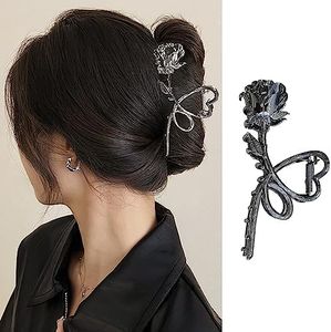 Flower Hair Claw Clips Metal Gunmetal Black Rose Hair Clips Large Heart Non-Slip Hair Jaw Clips for Women and Girls Trendy Hair Accessories Strong Hold Clamp Clips Hair Supplies for Thick/Thin Hair