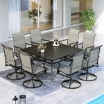 MFSTUDIO 9 Pieces Patio Dining Sets,Outdoor Furniture Set Including 1x 60 Square Table and 6 High Back Sling Padded Swivel Chairs Metal Dining Set for Backyard,Garden,Deck