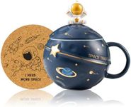 Yalucky Kawaii Astronaut Cup Space Embossed Planet Mug, Cute Ceramic Coffee Mug, Novelty Mug with Lid and Spoon for Coffee, Tea, Milk, Aesthetic Room Decor Funny Gift to Girl Boy Women (Dark Blue)