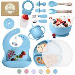 O'doe 17 Pcs Baby Led Weaning Feeding Supplies for Toddlers, Baby Feeding Set | Suction Silicone Baby Bowl Self Eating with Fruit Feeder, Cup, Bibs, Food Plate Kit with Lid 6+ Months | Blue V2