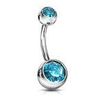 PiercedOff 316L Surgical Steel Belly Bar with Externally Threaded Double Aqua CZ Balls - Thickness 14GA (1.6mm) / Length 10mm / Ball Sizes 5mm Top Ball and 8mm Lower Ball