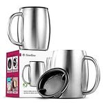 Insulated Stainless Steel Coffee Mug with Lid and Handle (2 Pk) 14 oz.- BPA-Free Spillproof Lid, Double Wall Camping Travel Coffee Mugs Tough &amp; Shatterproof, Keeps Coffee/Tea Hot And Beer Cold Longer