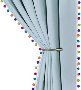 LORDTEX Multi Color Pom Pom Curtains for Kids Room - Thermal Insulated Curtains Noise Reducing Light Blocking Rod Pocket Window Drapes for Boys and Girls Bedroom, 52x108 inch, Seafoam, 2 Panels