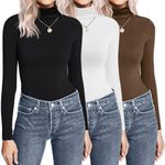 Ekouaer Women's Turtleneck Long Sleeve Shirts Lightweight Base Layer Solid Slim Fit Tops 3PCS, Black/White/Brown, S