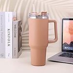 40OZ Travel Tumbler with Straw Lid and Handle, Double Wall Vacuum Insulated Coffee Mug Stainless Steel Coffee Cup for Work Gym Travel, BPA Free (Brown)