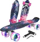 BELEEV Skateboard Complete Mini Cruiser Skateboard for Kids Teens Adults, Led Light up Wheels with Skate T-Tool for Beginners(Galaxy purple)