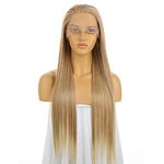 DH headwear Mixed Brown Blonde Human Blend Hair 13-3 Lace Front Women Wig,26 Inch Long Straight 130% Hair Density Hand Tied Wig