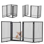 SMONTER Free Standing Dog Gate with Door Walk Through, 80.5'' Extra Wide Indoor Dog Fence, 31.5'' Height 4 Panels Foldable Metal Pet Puppy Gate for Stairs, Hallways, Doorway