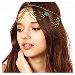 Inilbran Boho Layered Turquoise Head Chain Gypsy Turquoise Hair Chain Headband Gold Turquoise Tassel Dangle Headchain Headpieces Blue gemstone Stone Headdress Festival Wedding Headpieces Accessory