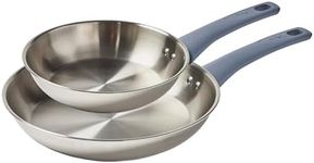 T-fal Essentials Stainless Steel Fry Pan Set 2 Piece, 8" and 10.5", Induction Compatible Oven Safe 350F, Pots and Pans Set, Cooking Skillets, Cookware, Kitchen Frying Pans, Dishwasher Safe Silver/Blue