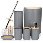 JOTOM 7 Pieces Bamboo Bathroom Accessories Bathroom Accessory Set Luxury Modern Plastic Bath Set Toothbrush Holder Tumbler Qtip Holder Toilet Brush Set Soap Dish Trash Can Soap Dispenser Gift (Grey)