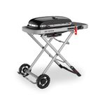 Weber Traveler Portable Gas Grill/Foldable Design with Wheels, Automatic Lid Lock and Built-In Lid Thermometer, Single Burner, 63 x 34 cm Cooking Area, 111 cm Width, Black (9010074)