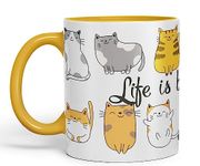 Vixar Life is Better with a cat Ceramic Coloured Mug Cup Gift Tea Coffee Christmas Office Home Cat Lovers (G Yellow)