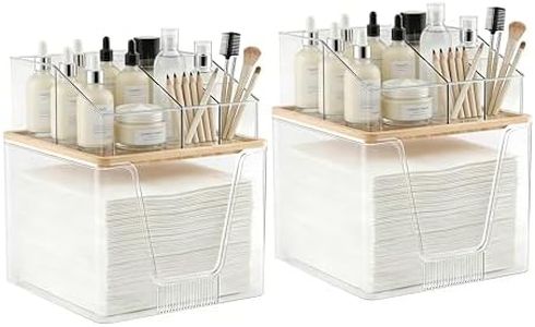 2 in 1 Disposable Facial Towel Holder and Cosmetic Organizer, Clear Storage with Bamboo Lid Compatible with Clean Skin Club Towel XL, Stackable Vanity Organizer for Bathroom Vanity Counter (2 Pack)