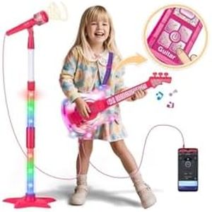 Kids Guitar and Microphone Set, Microphone with Stand and Color Light, Toy Guitar with Strap and Adjustable Volume, Toddler Musical Instrument for 3-5 5-9, Kids Karaoke Machine for Boy Girls(Pink)