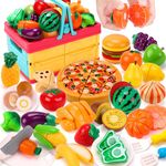 KaeKid 70PCS Kids Pretend Play Food Sets for Children Kitchen Toys, Cutting Vegetable Fruit Pizza Food Toy Kitchen Accessories with Basket,Gift for Kids Girls Boys 3+ Years Old