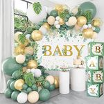 Sage Green Baby Shower Decorations - Retro Green with Gold Balloons Different Sizes, Green Baby Backdrop Leaf and Green Neutral Baby Boxes with Letters for Birthday Party, Woodland Jungle Party